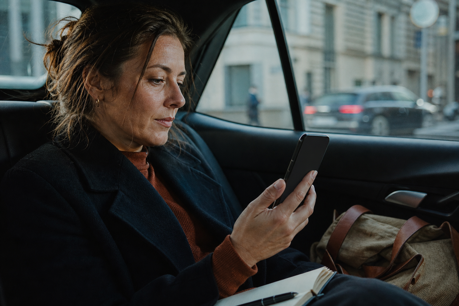 Founder reviewing a mobile application while traveling